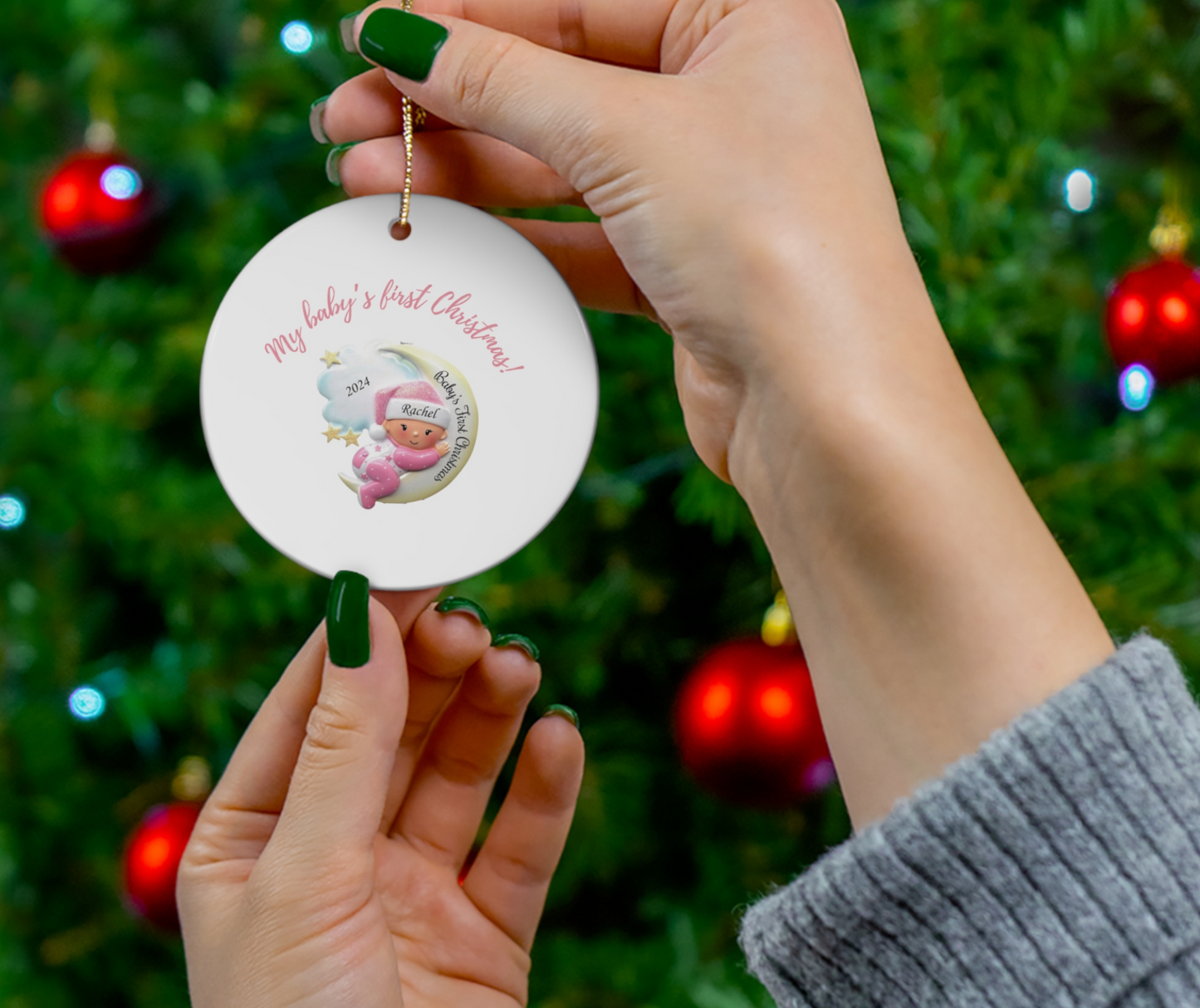 2024 Personalized Baby's First Christmas Circle Ceramic Ornament for baby girls