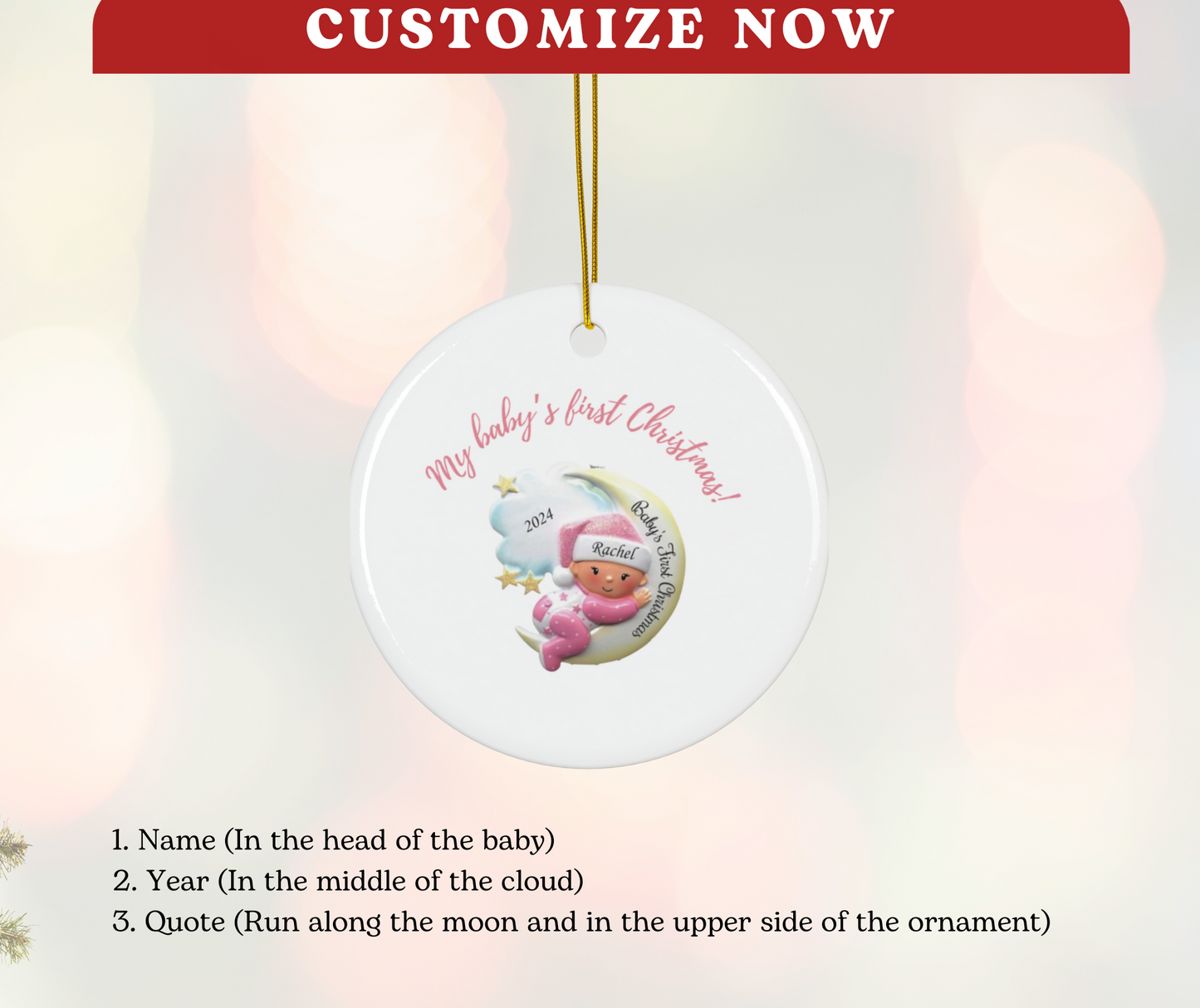 2024 Personalized Baby's First Christmas Circle Ceramic Ornament for baby girls